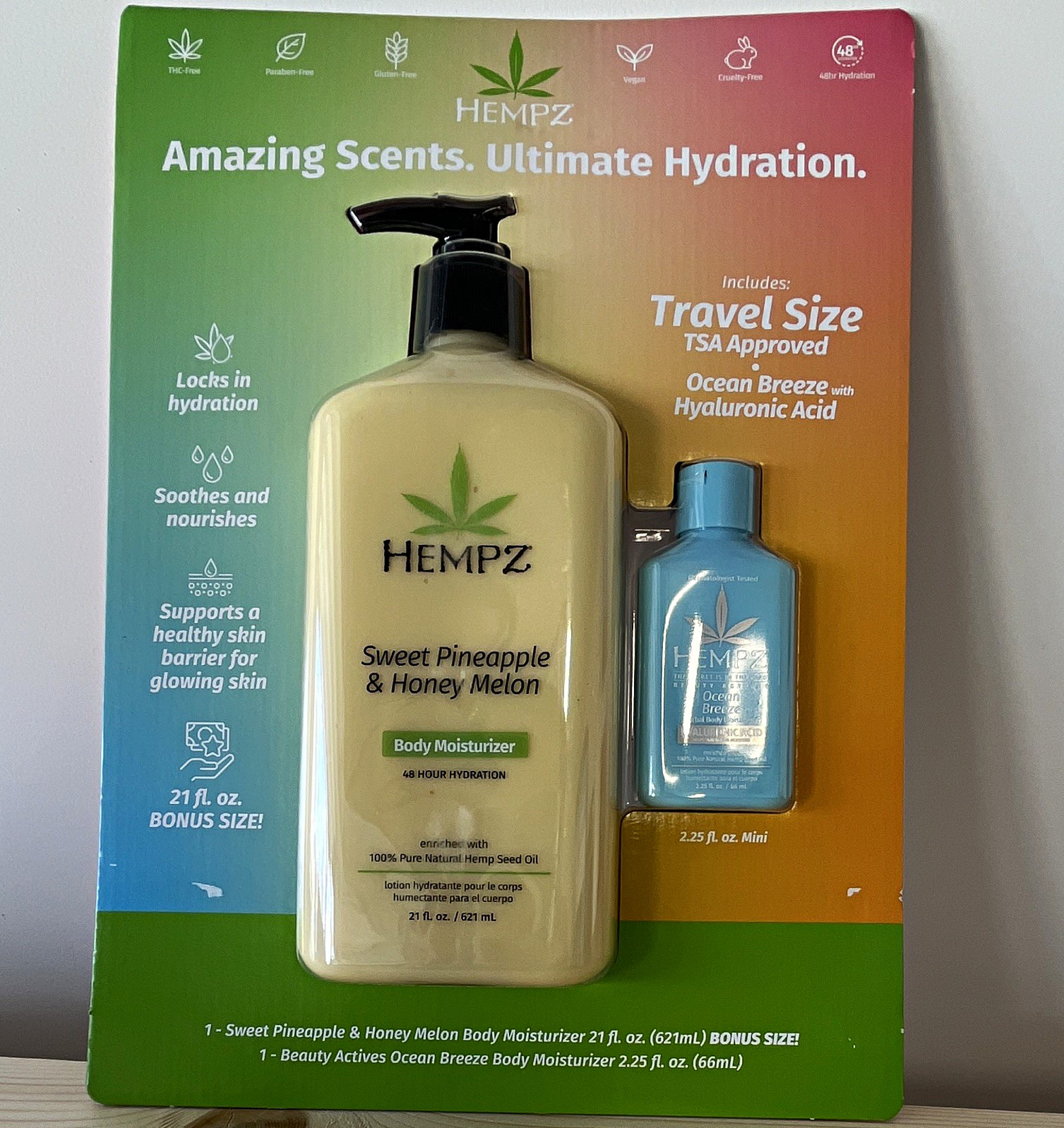 Hempz Body Moisturizer Set 21oz Pineapple/Honey Melon + 2.25oz Ocean Breeze