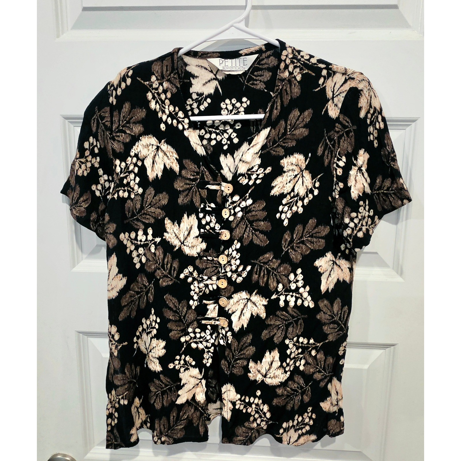 Petite Sophisticate Blouse Womens Petite Black Rayon Vintage Boho Floral Top