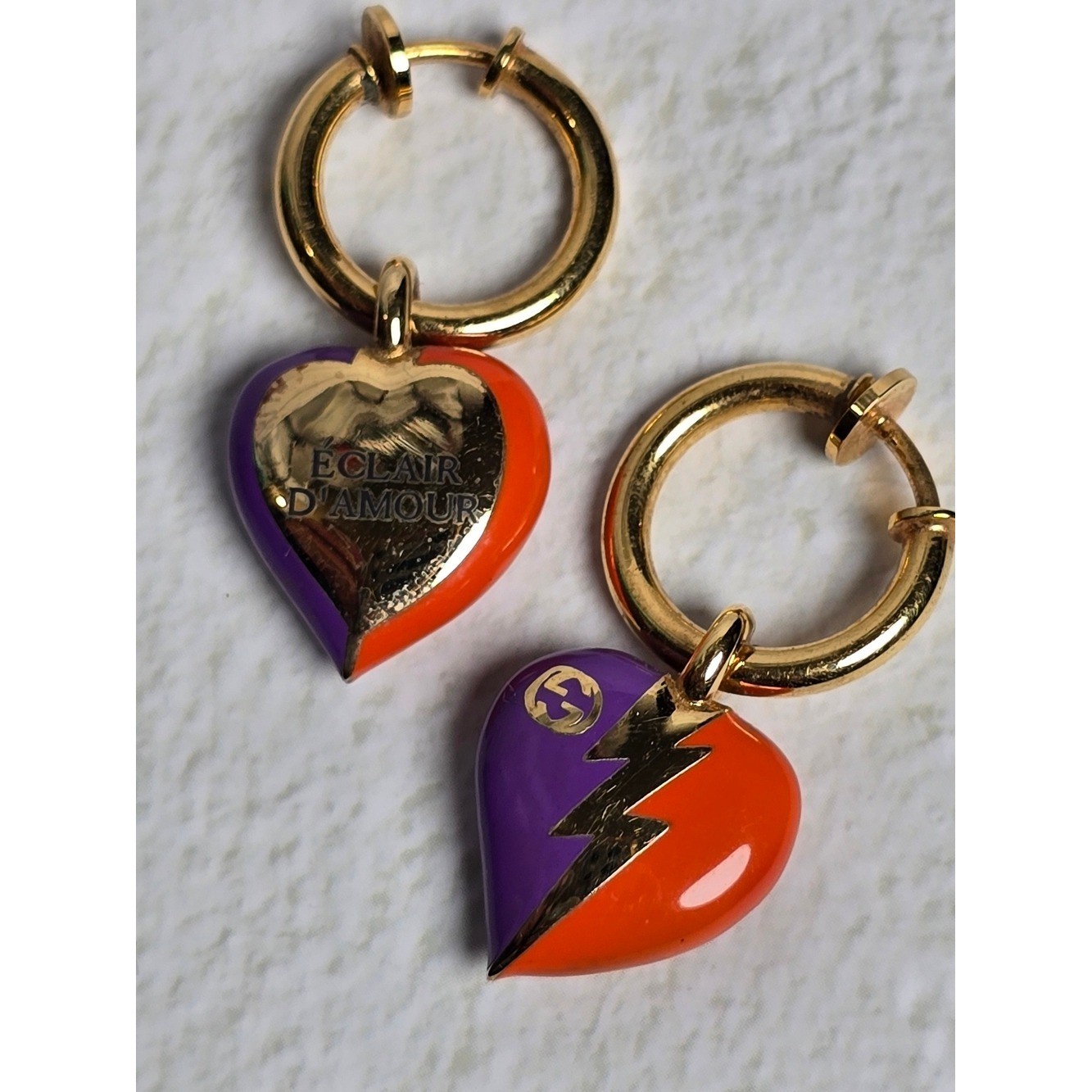 Gucci Gold Hoop Earrings Purple Orange Enamel Heart Lightning Eclair d\'Amour