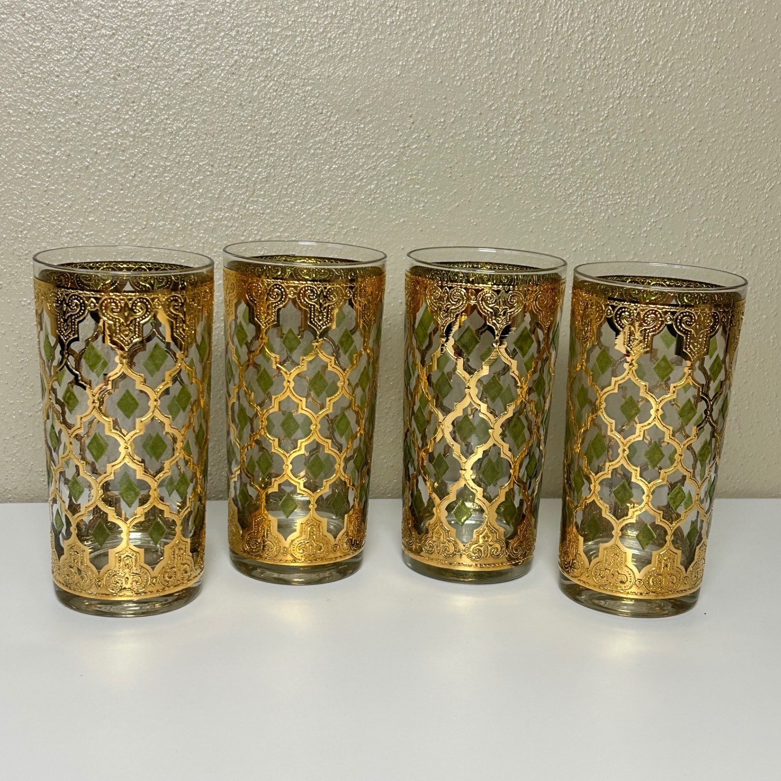 Culver Valencia 22 kt Gold Green Diamond Highball Glasses Set of 4 MCM Vintage