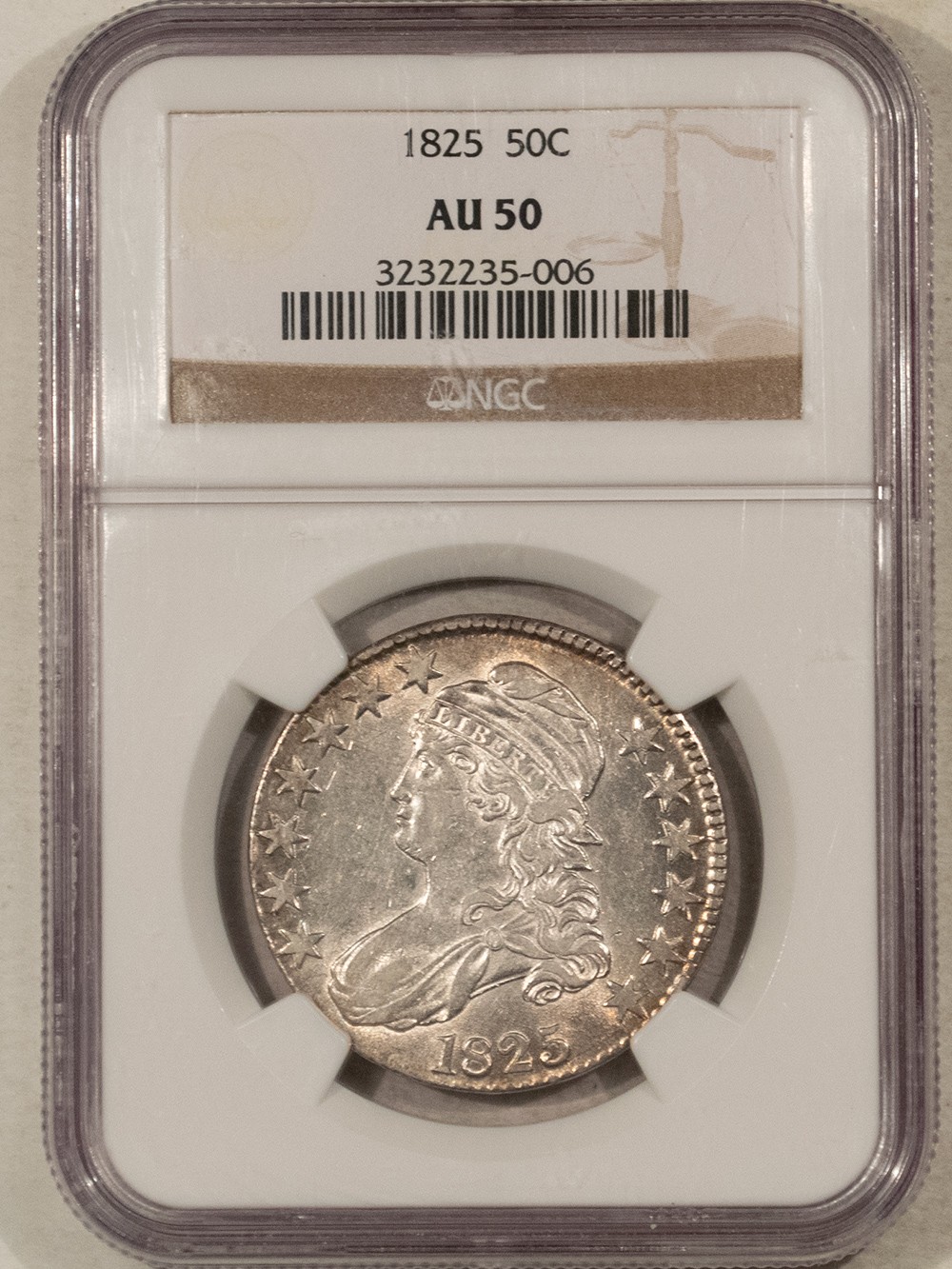 1825 CAPPED BUST HALF DOLLAR, O-113 - NGC AU-50 W/ LUSTER 1825 CAPPED BUST HALF DOLLAR, O-113 - NGC AU-50 W/ LUSTER