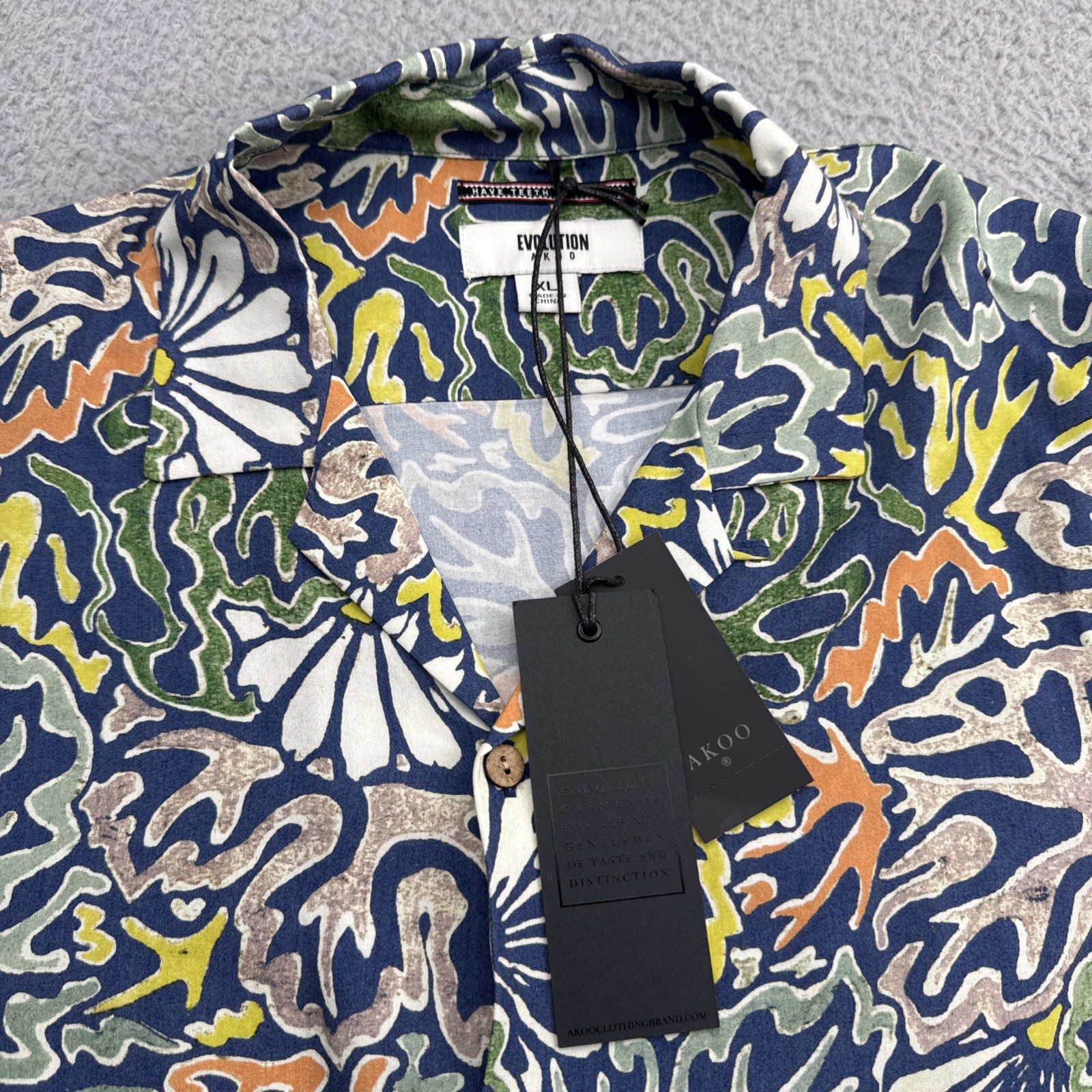 Akoo Evolution Shirt Mens XL S/S Dress Blue All Over Print Camp Collar Floral