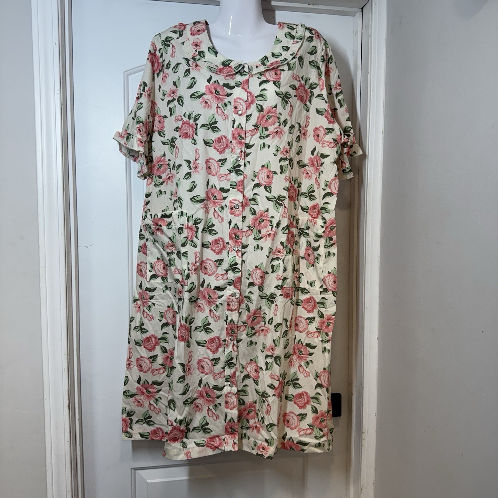 NWT National House Patio Dress 1X Pink Rose Floral Muumuu Pearl Snap Artsy VTG