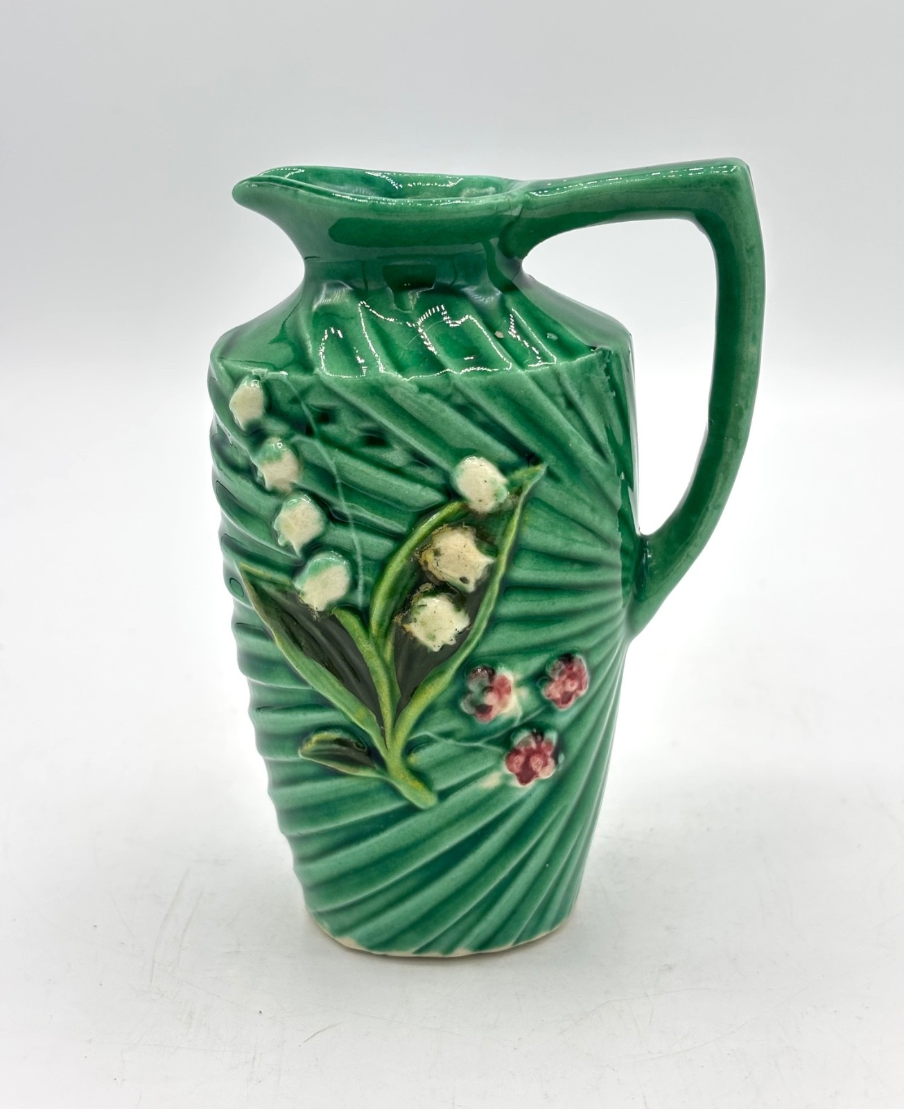 1950s Vintage Schramberg German Majolica Green Lily of the Valley Pitcher Vase 1950s Vintage Schramberg German Majolica Green Lily of the Valley Pitcher Vase