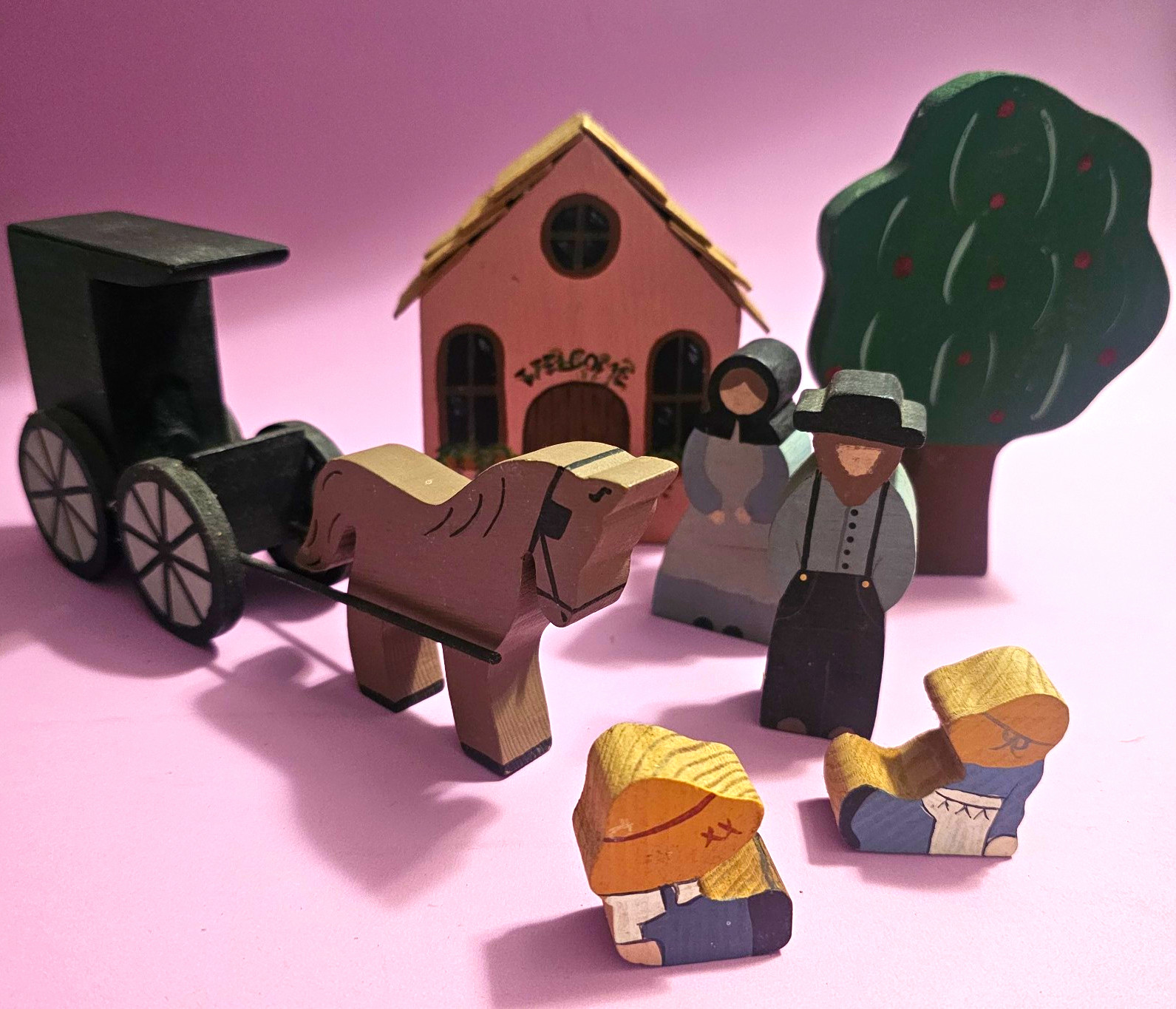 Vintage Hand Painted Wooden Amish Village Set Horse Buggy Schoolhouse Folk Art