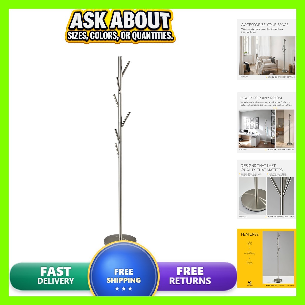 Adesso Coat Rack Brushed Steel 6 Hooks Space-Saving 67\ Adesso Coat Rack Brushed Steel 6 Hooks Space-Saving 67\