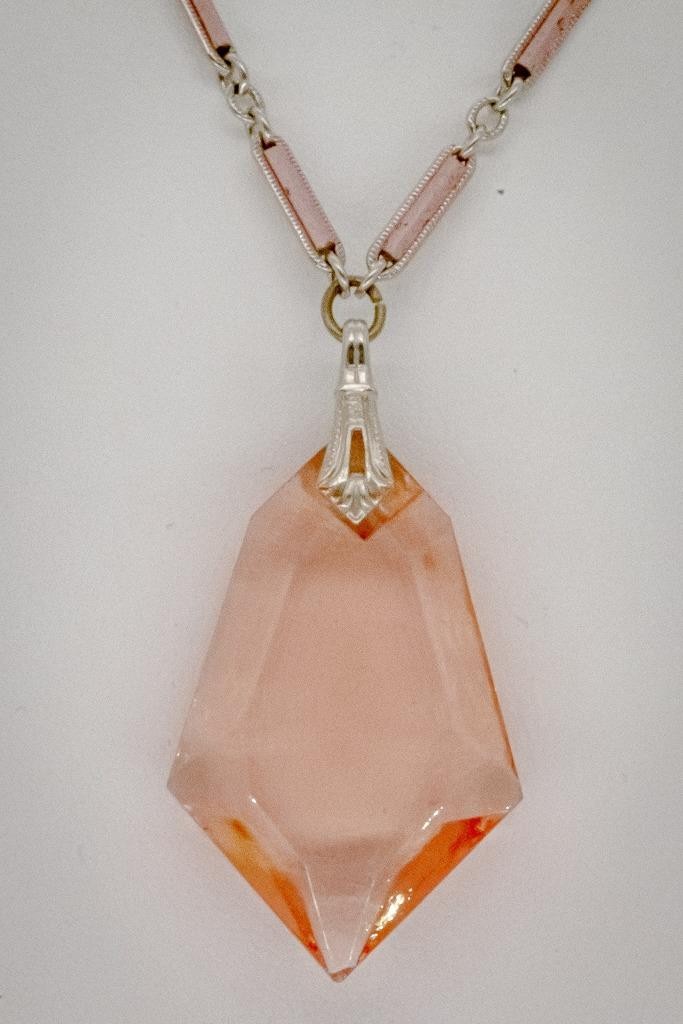 1930s Czech Art Deco Tangerine Glass Amulet Pendant Necklace Antique