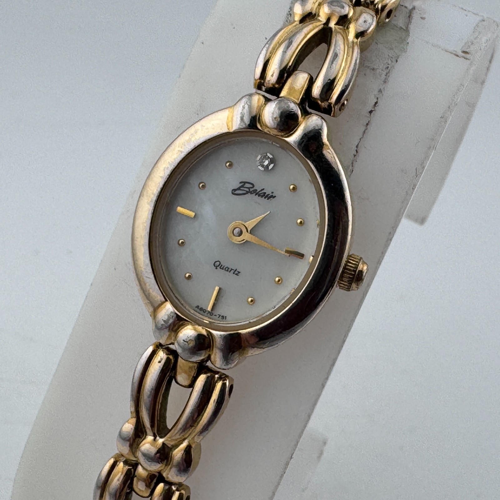 Vintage Belair Quartz Watch Women Diamond Gold Tone MOP Oval New Battery 7.25\