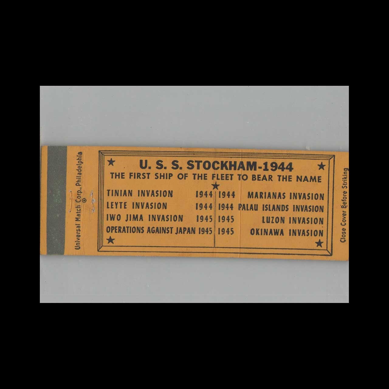 Full Length Matchbook Cover US Navy Ship USS Stockham