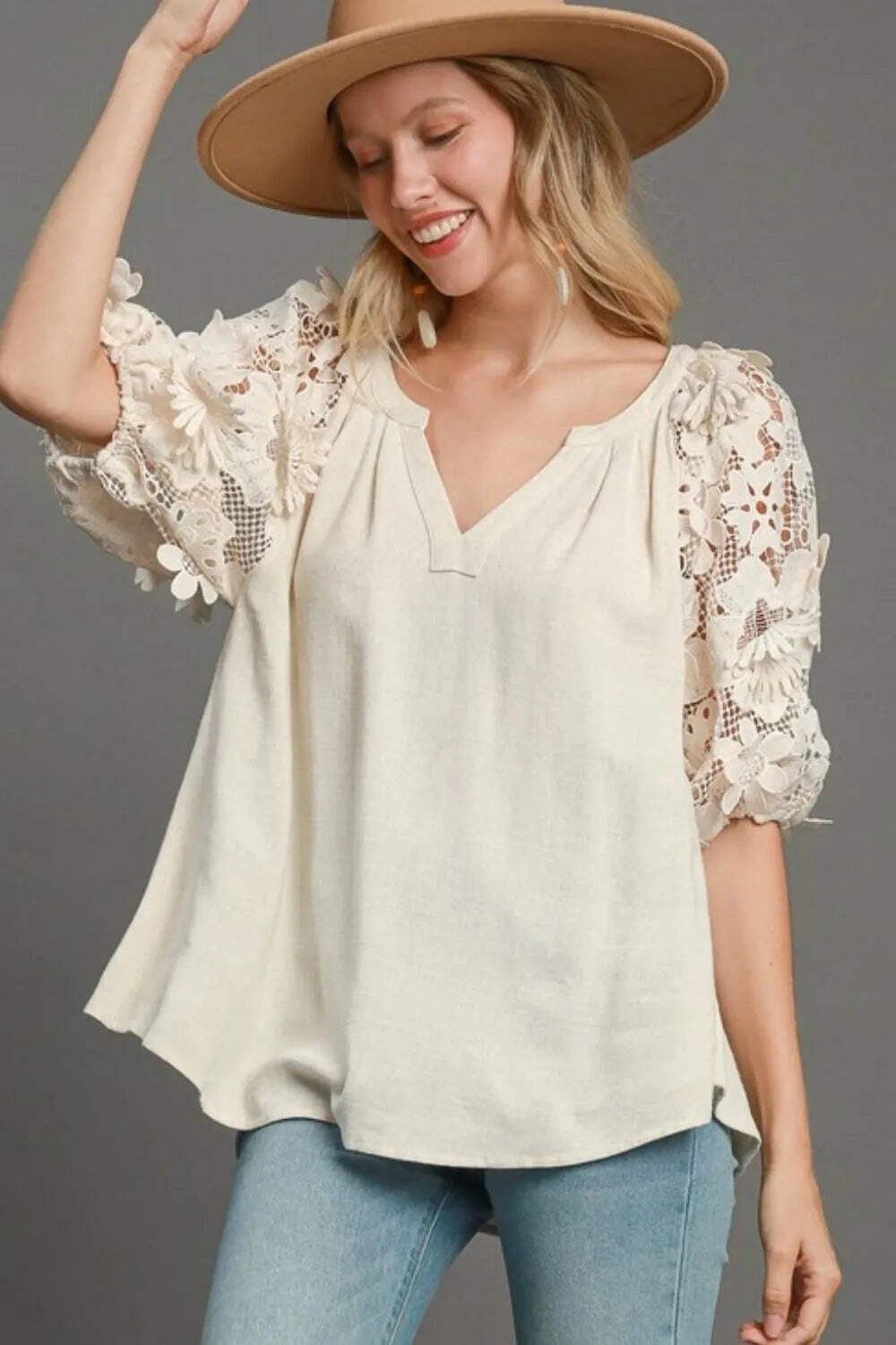 Women’s Boxy Cotton Top With 3D Floral Lace Sleeves