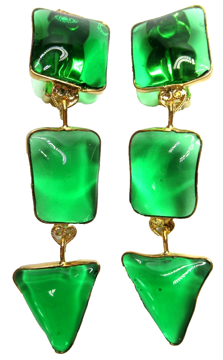 MOANS COUTURE Gorgeous Green Poured Glass Dangling Clip Earrings