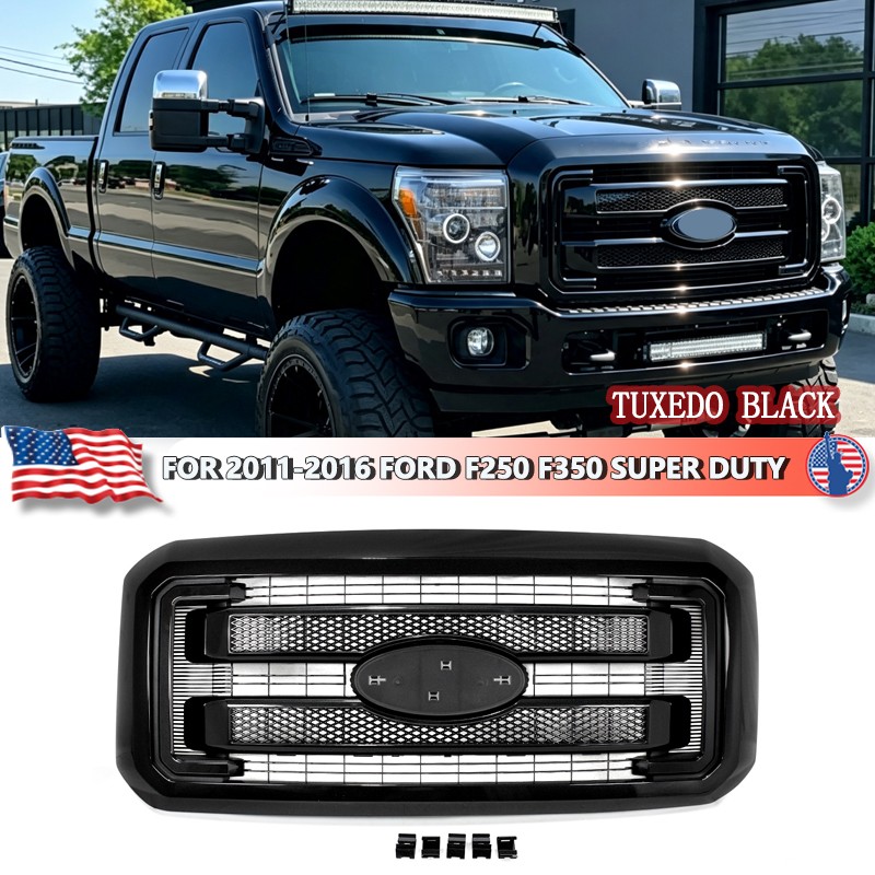 For 2011-2016 Ford F250 F350 Super Duty Platinum Tuxedo Black Front Upper Grille