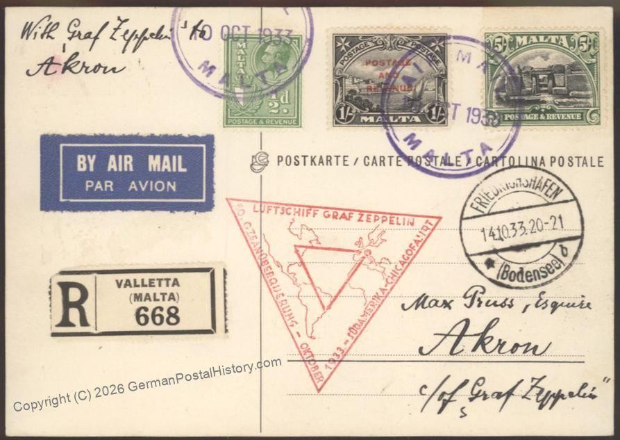 Malta 1933 Germany Graf Zeppelin Chicagofahrt Si238 Mi347a Cover Akron 109239
