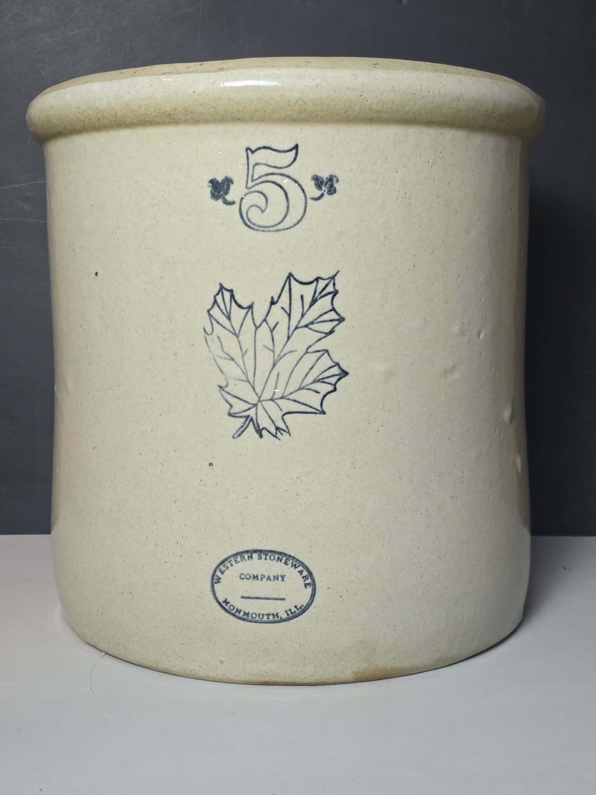 Antique Western Stoneware 5 Gallon Maple Leaf Crock Monmouth IL