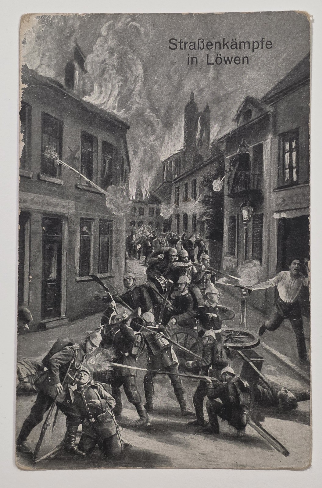 WWI 1914 Imperial German Feldpost Postcard Street Fighting Battle Leuven Belgium