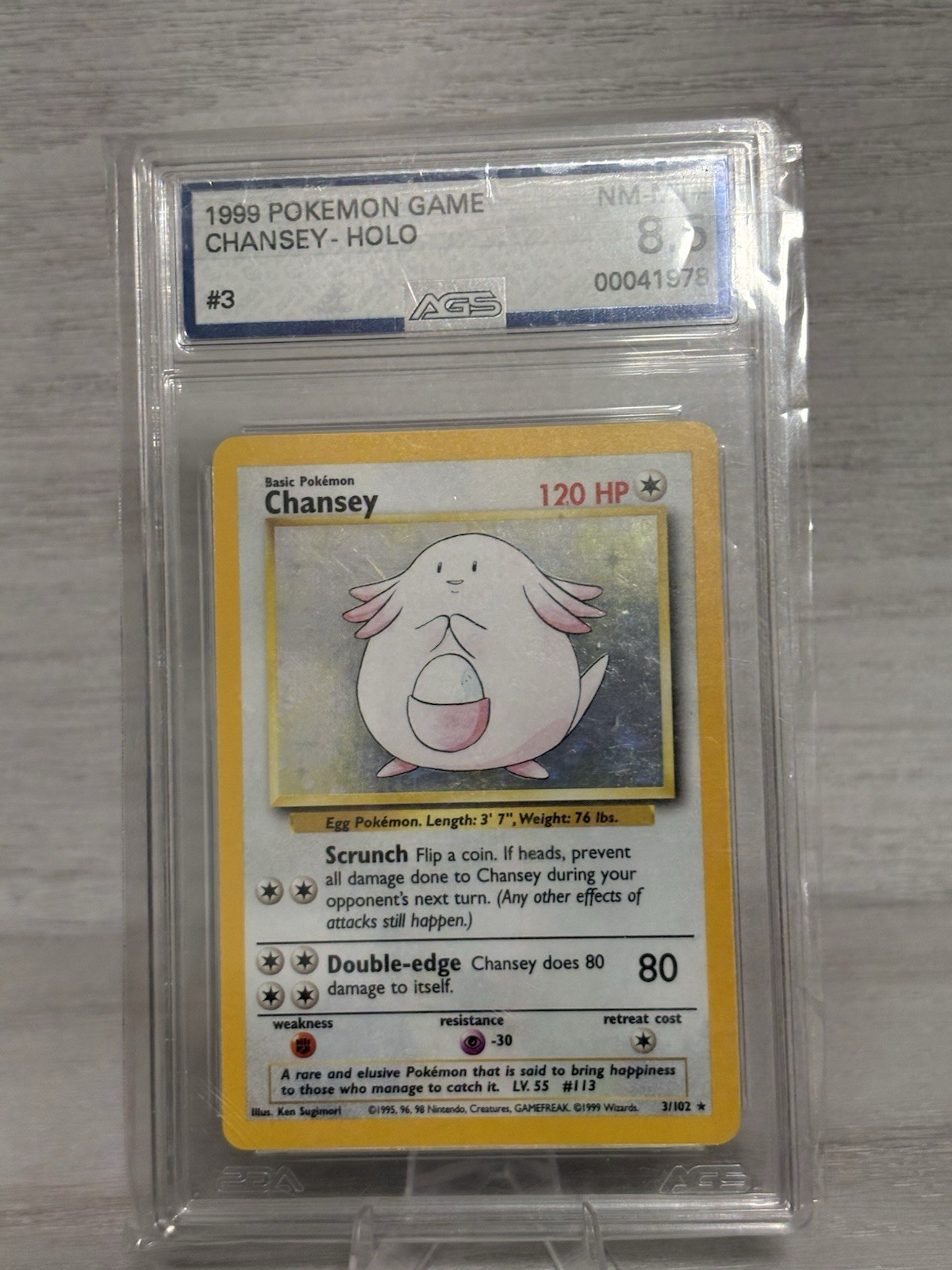 Pokemon Wizards Of The Coast Chansey 003/102 Base Set Holo Graded AGS 8.5