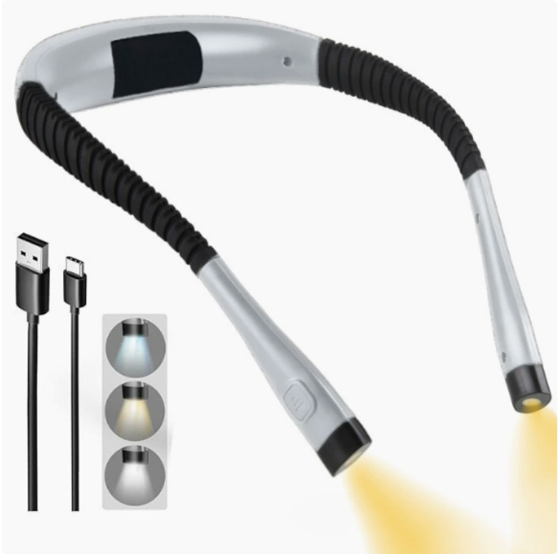 Gray Rechargeable LED Neck Light Book Light Reading in Bed Crafting Camping US