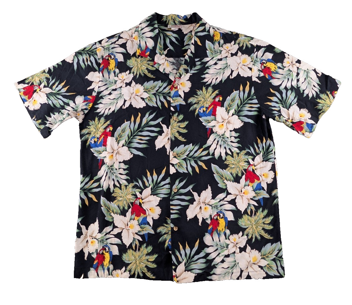 Evergreen Island Aloha Shirt Mens XL Macaw Parrot Made in Hawaii Black Cotton