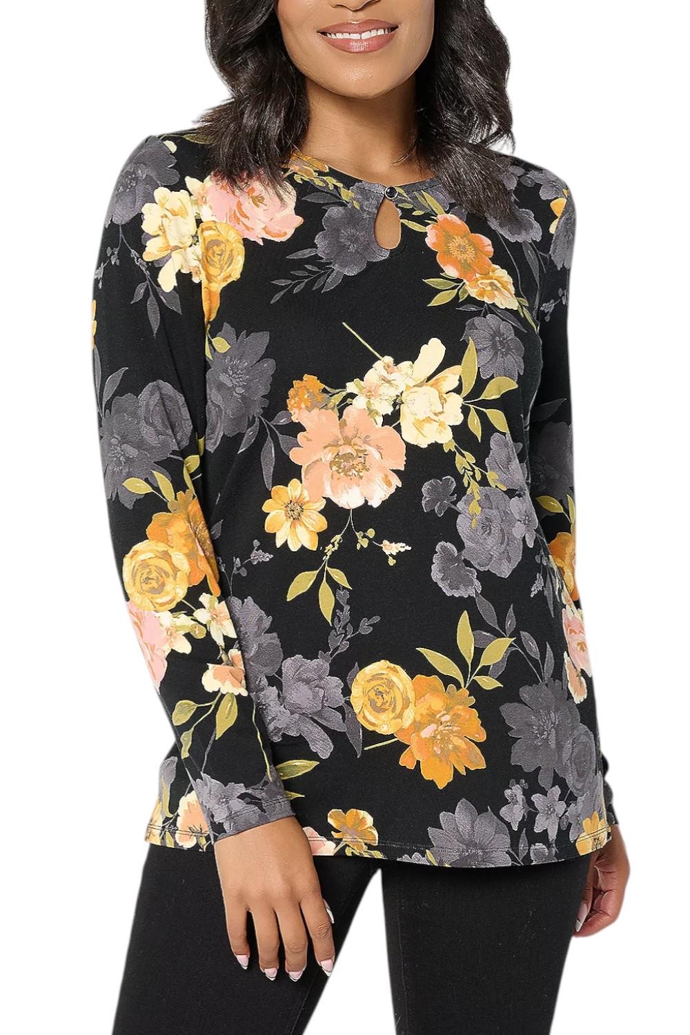 Denim & Co. Women's Printed So Soft Jersey Keyhole Top Black Denim & Co. Women's Printed So Soft Jersey Keyhole Top Black
