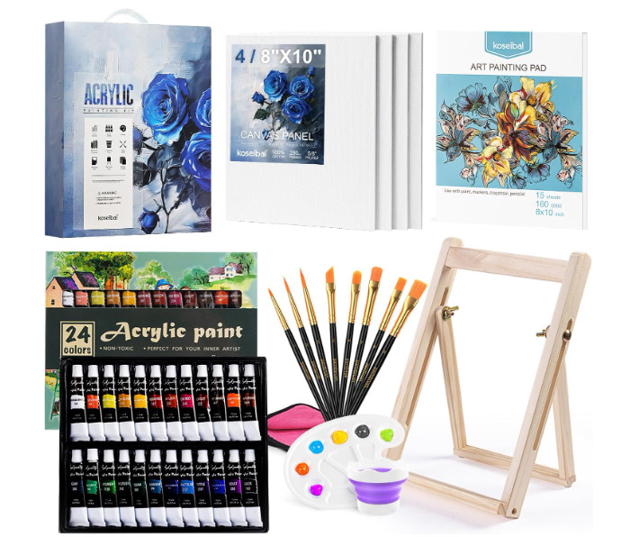 Set Pintura Acrílica 24 Colores con Caballete, 4 Lienzos, 8 Pinceles y Bloc de D