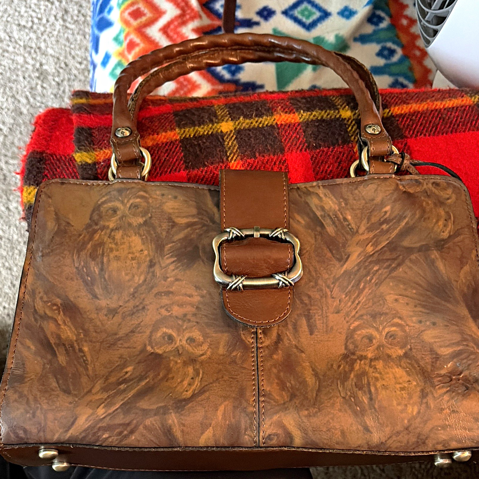 Patricia Nash Women’s Brown Owl Print Satchel Top Handle Zip, Gold HW