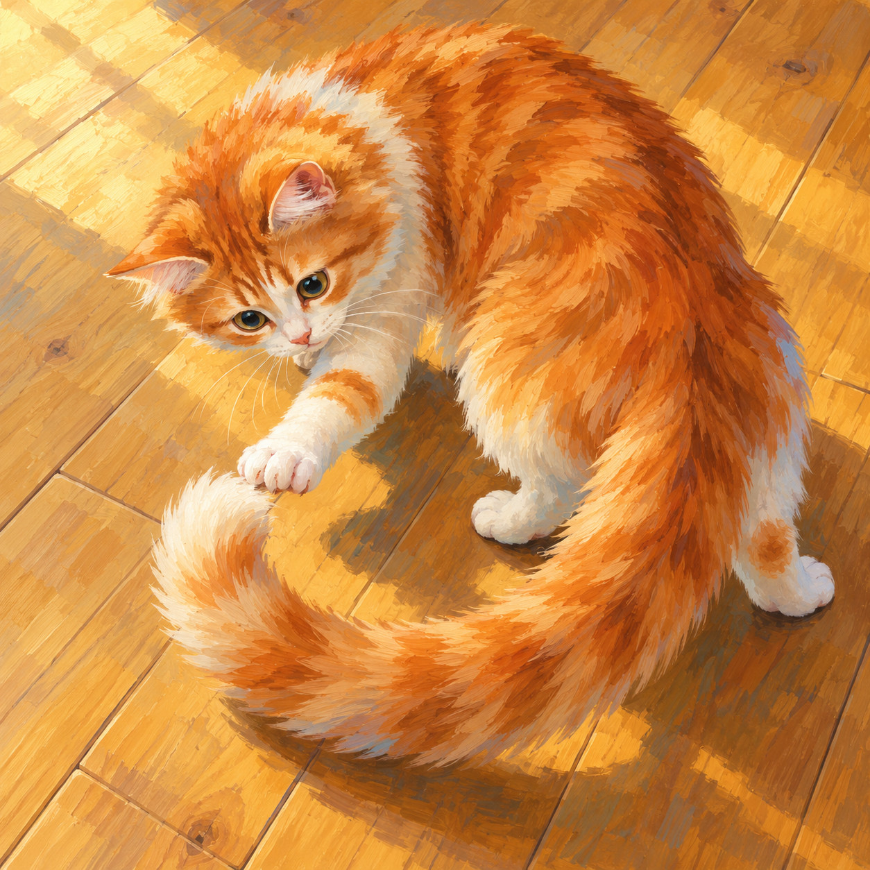Original Hand Painted Orange Cat Painting on Canvas Cute Fluffy Cat Wall Art