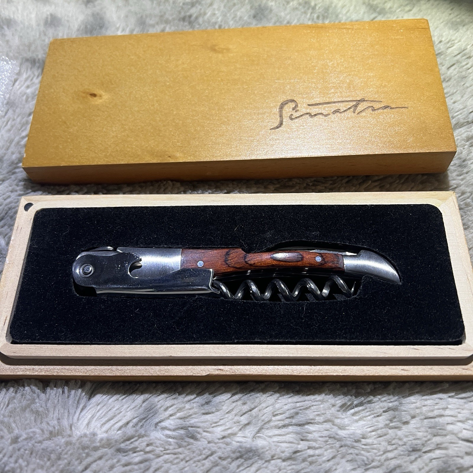 Rare Frank Sinatra Waiter\'s Knife Corkscrew Wood Signature Box Wine Collectible