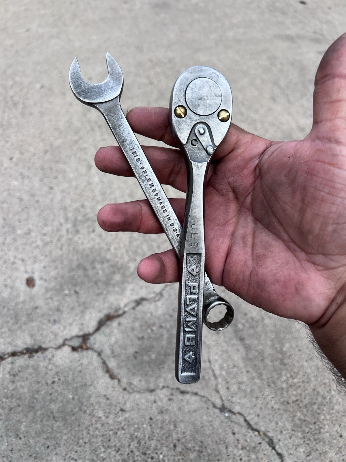 Vintage Plomb PLVMB 5249 3/8 Ratchet w/ Brass Screws & 1218 Open Ended Wrench Vintage Plomb PLVMB 5249 3/8 Ratchet w/ Brass Screws & 1218 Open Ended Wrench