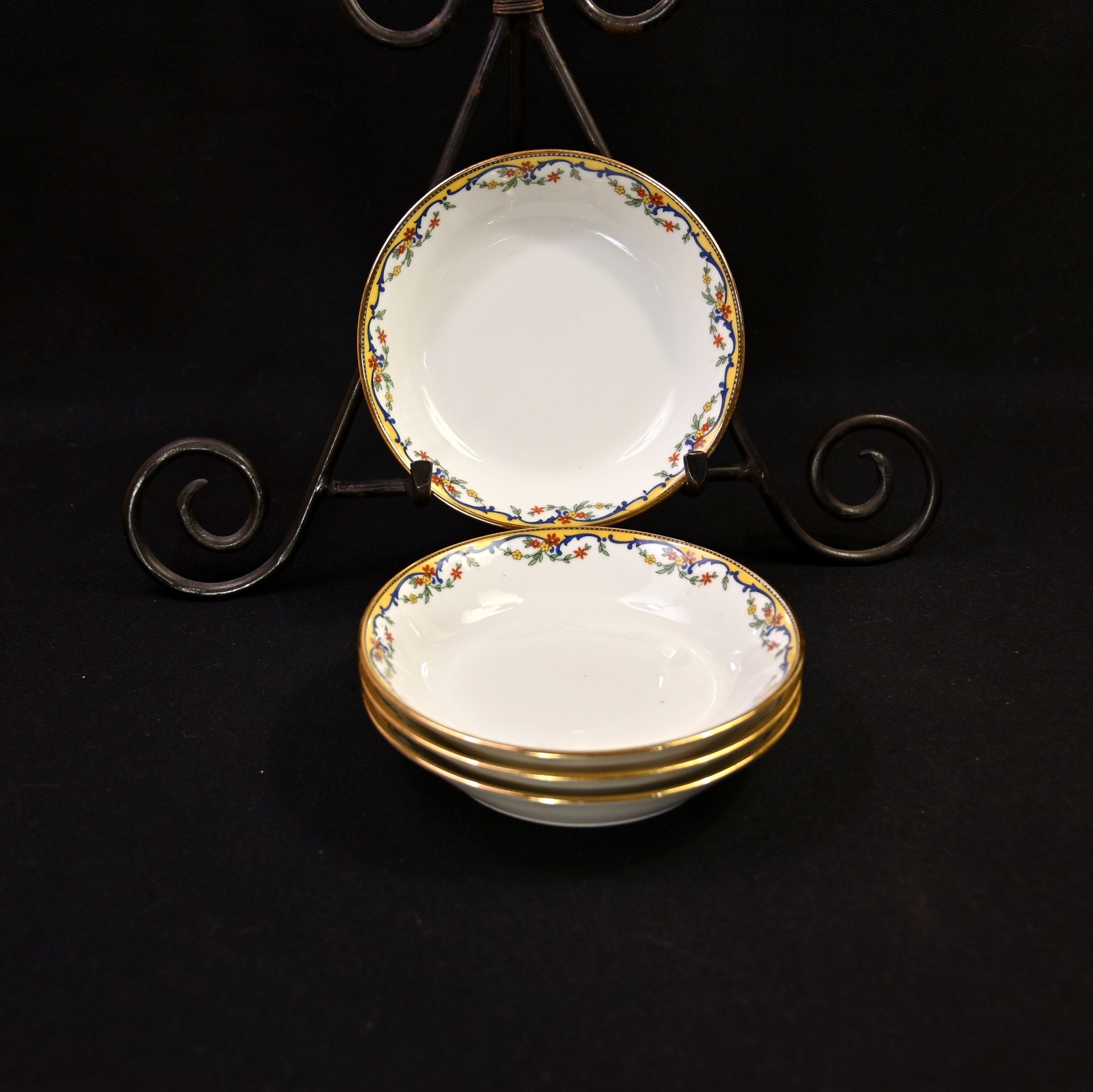 Limoges Vignaud 4 Coupe Fruit Bowls The Meuse Red Yellow Blue Gold 1911-1920