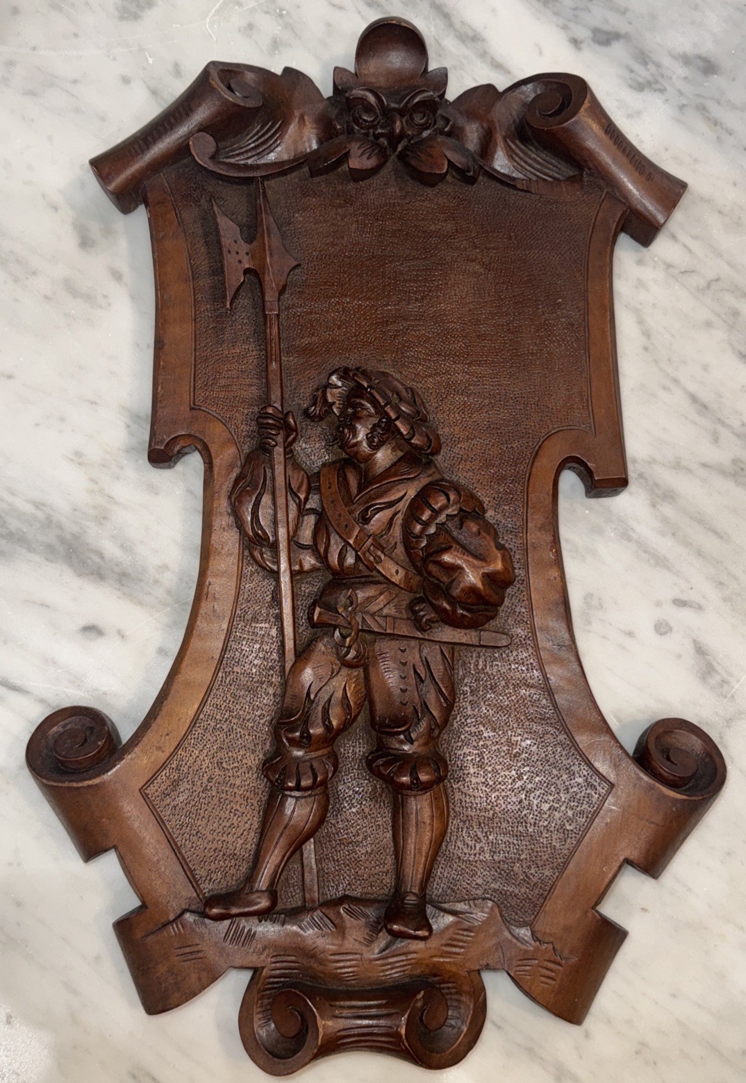 Antique Hand Carved Wood Wall Plaque Renaissance Soldier Musketeer 17
