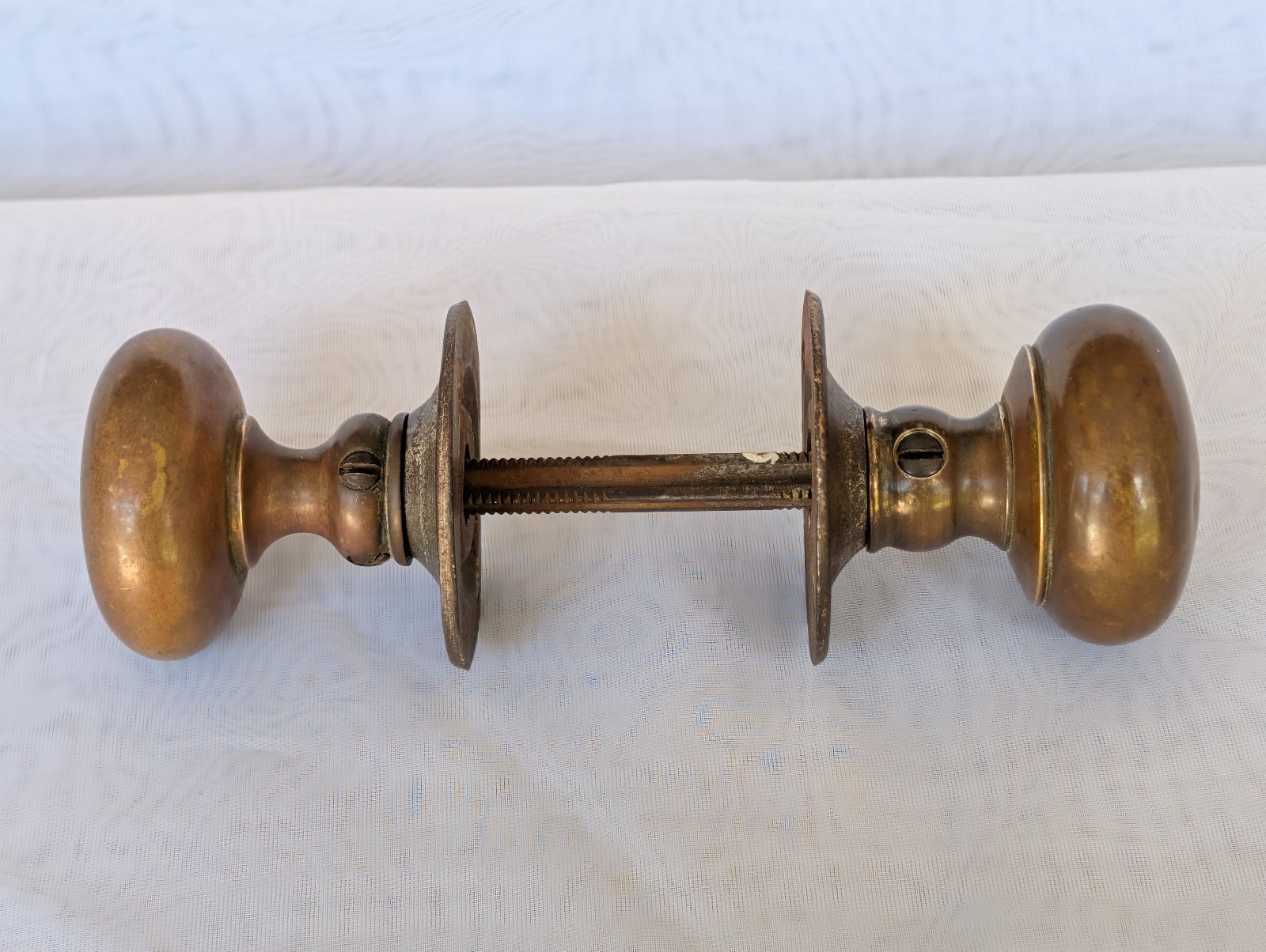 Vintage Solid Brass Round Door Knobs, Spindle, Set Screws, Cast Iron Rosettes