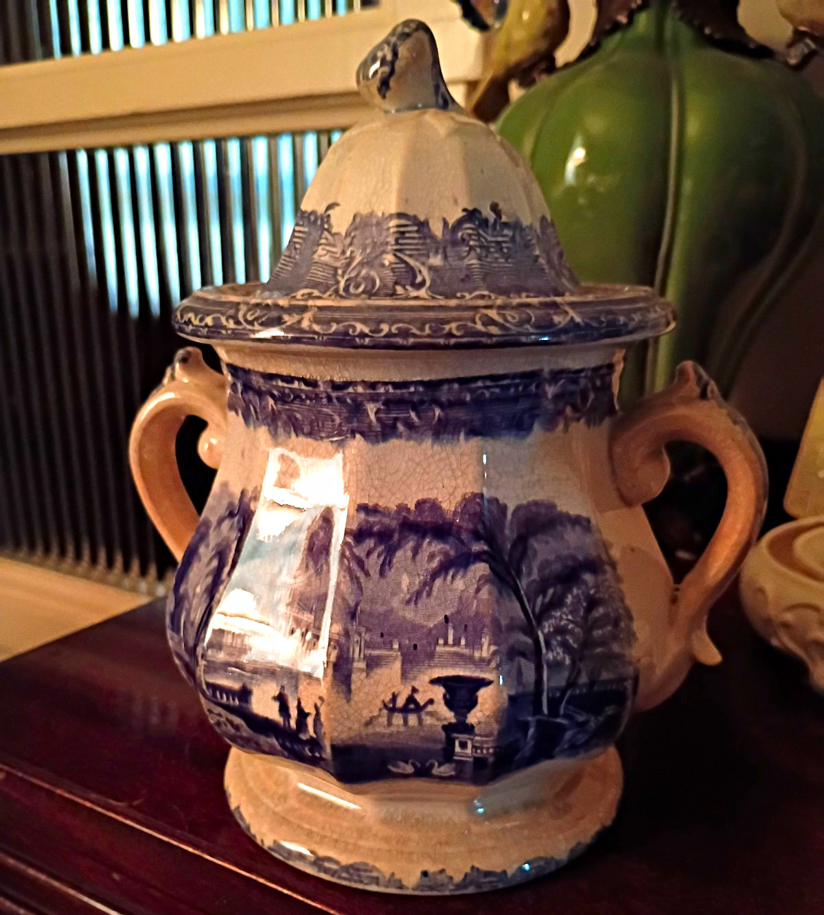 19th Century Antique Victorian Blue Transferware Double Handled Sugar Bowl 19th Century Antique Victorian Blue Transferware Double Handled Sugar Bowl