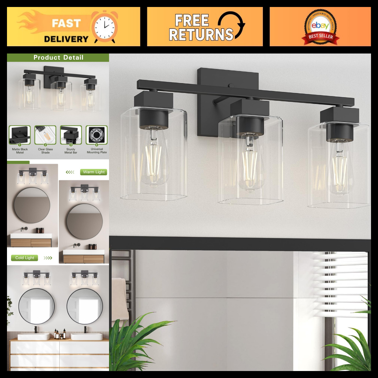 Matte Black 3-Light Bathroom Vanity Light Fixture, Square Design, UL Listed, Wal Matte Black 3-Light Bathroom Vanity Light Fixture, Square Design, UL Listed, Wal