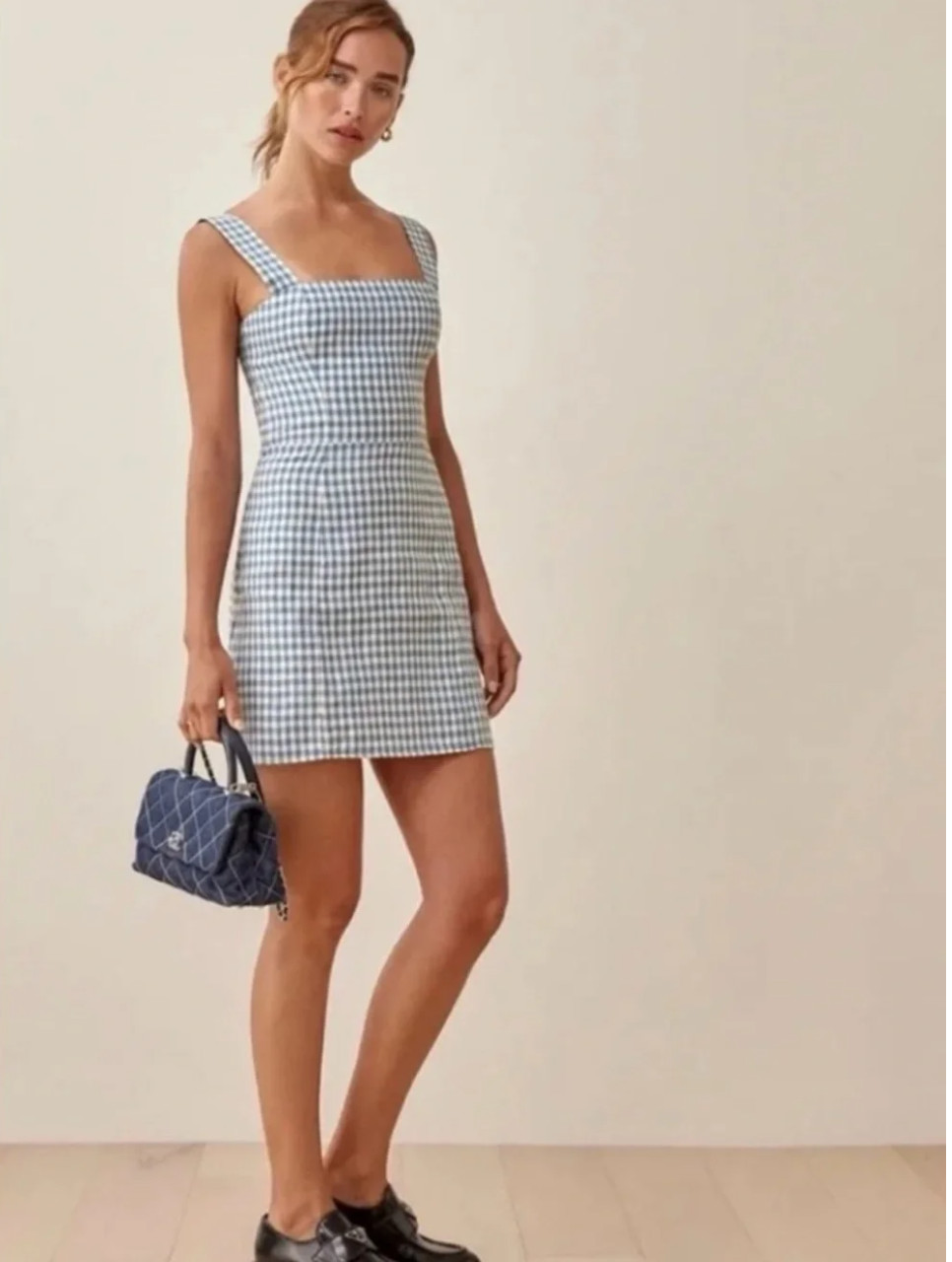 Reformation Blue Brigitte Linen Dress in Azure Check sz 6 