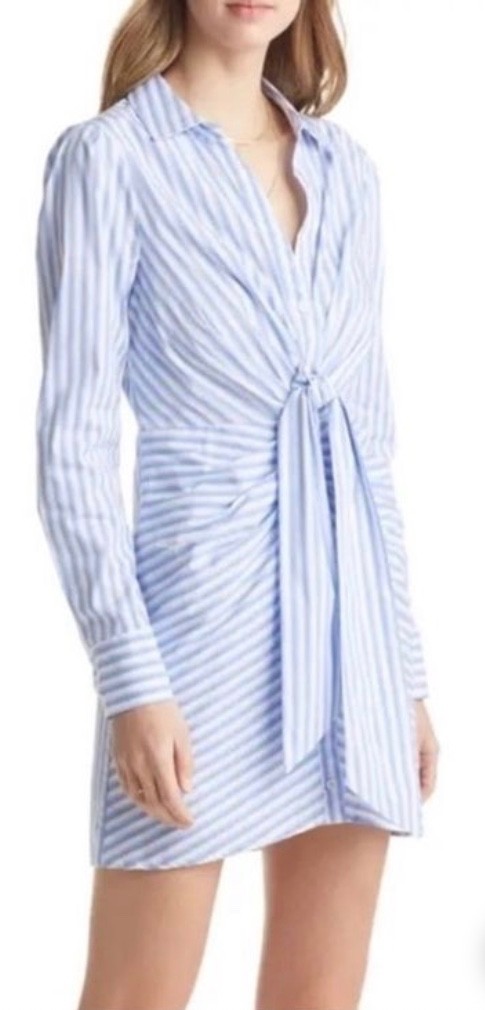 NEW Sz M VICI COLLECTION Stripe Tie Front Long Sleeve Shirtdress White Blue