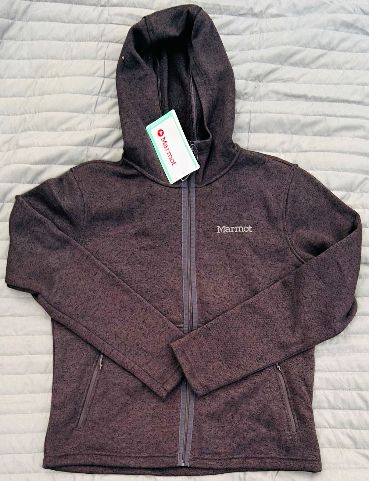 NWT Marmot Women\'s M Gray Heathered Full Zip Hooded Fleece Hoodie Logo