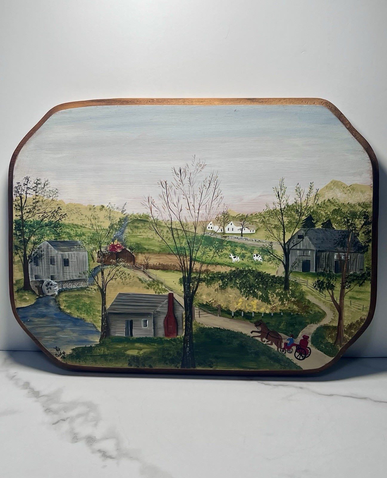 VTG 90s Americana Hand Painted Wood Plaque Barn Farm Watermill Landscape Signed