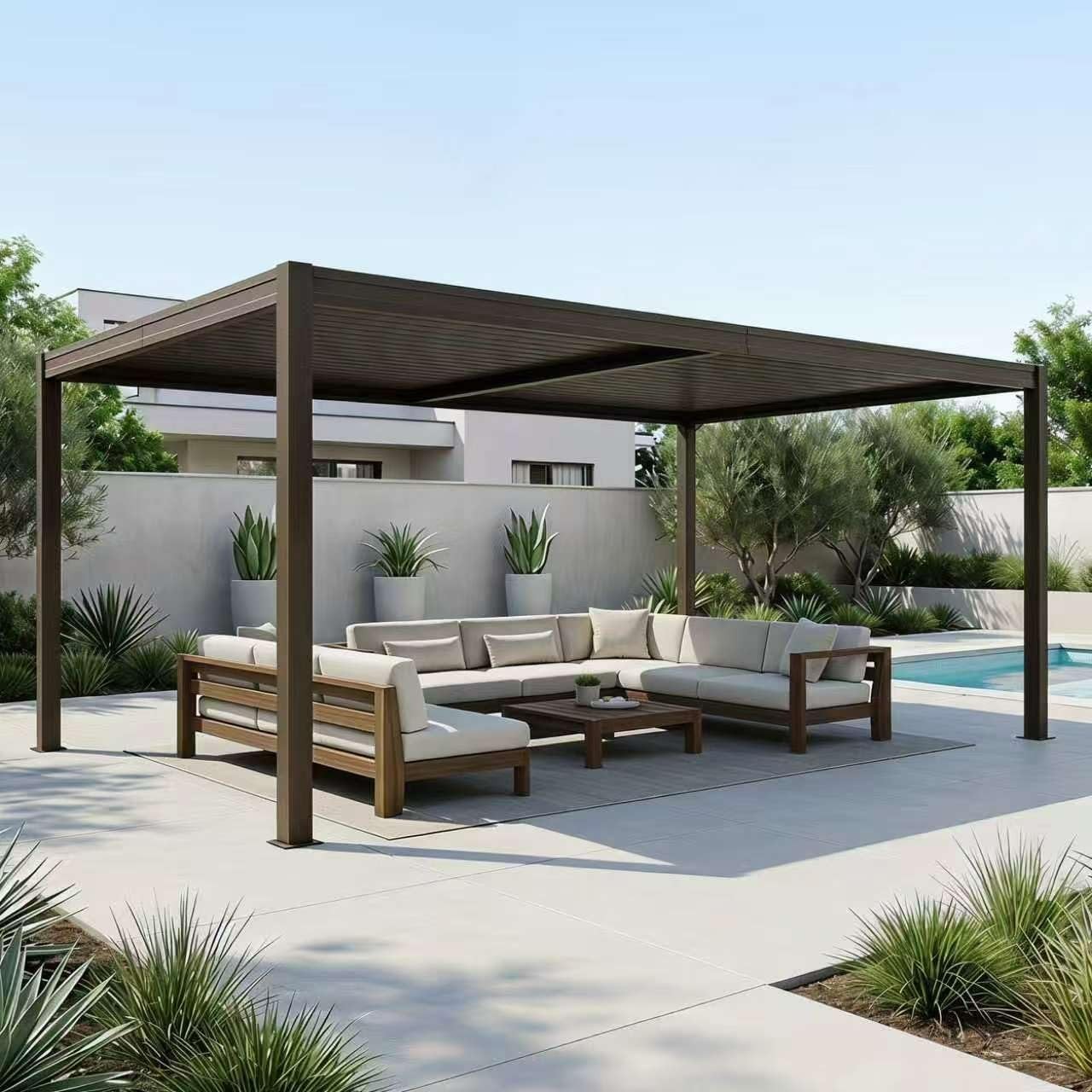 Domi 10x16FT Metal Louvered Pergola W/Adjustable Roof&Drainage System,Brown
