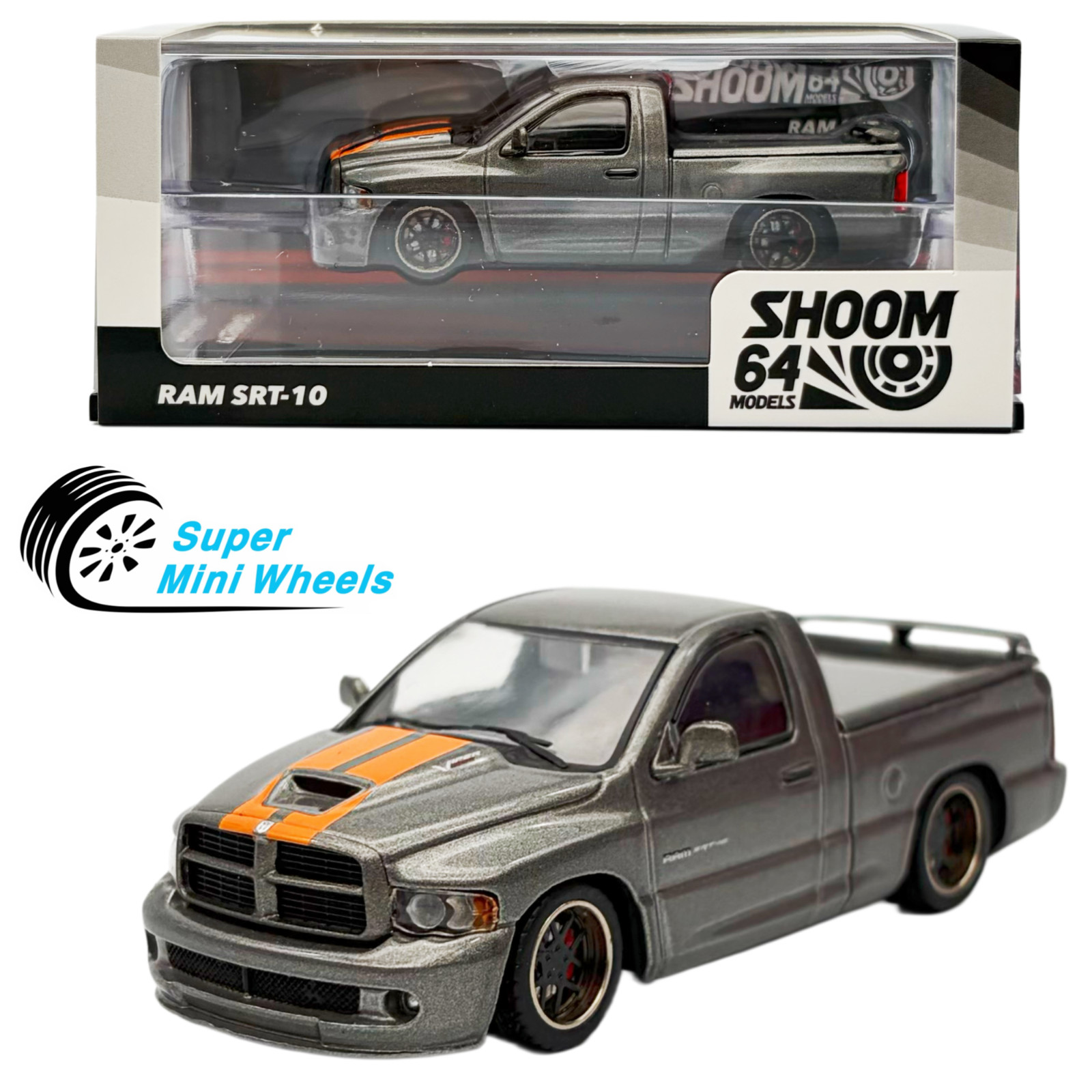 SHOOM64 1:64 2003 Dodge Ram SRT-10 Pickup – Grey with Orange