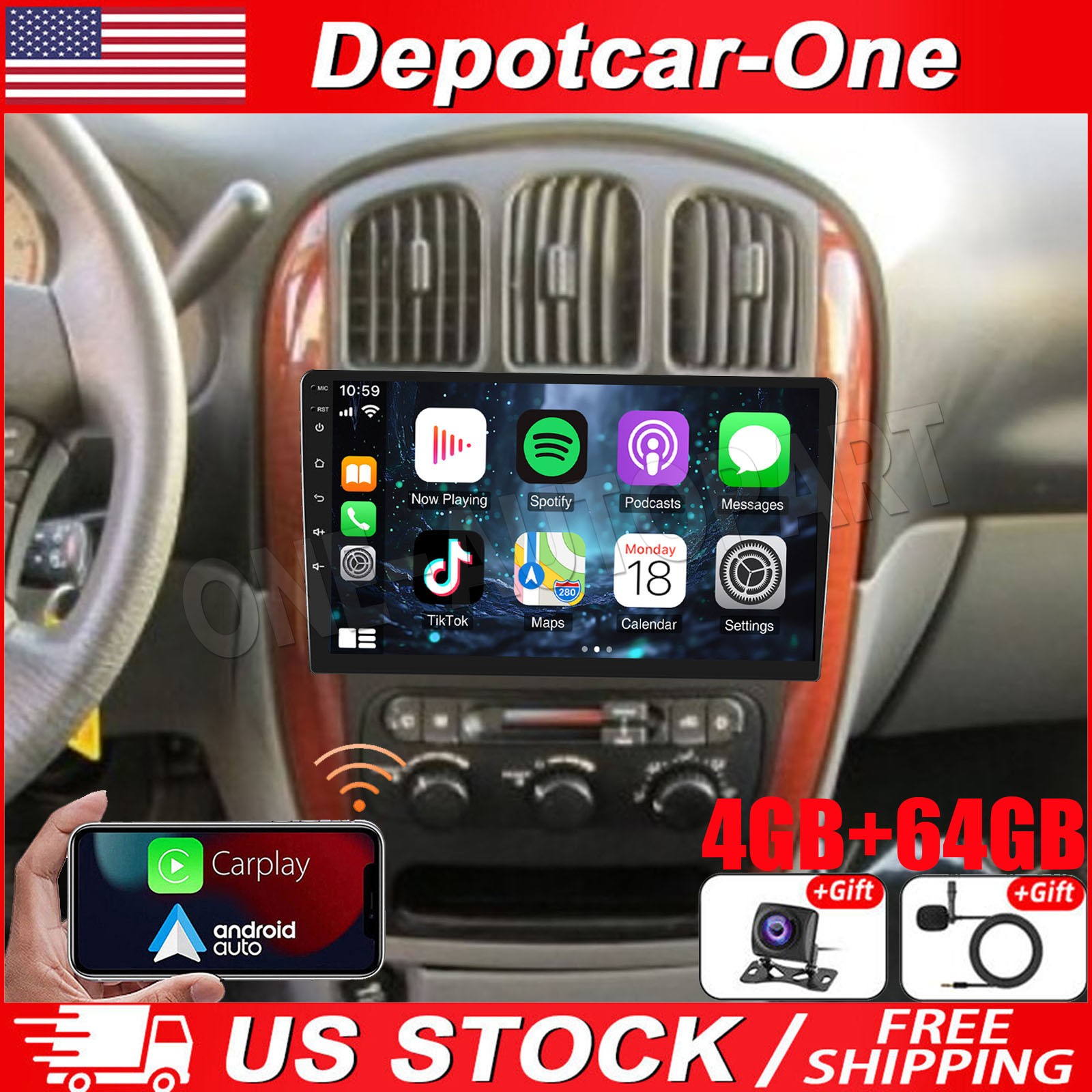 10'' Car Radio Stereo For Dodge Grand Caravan 2001-2007 Android 13 CarPlay GPS