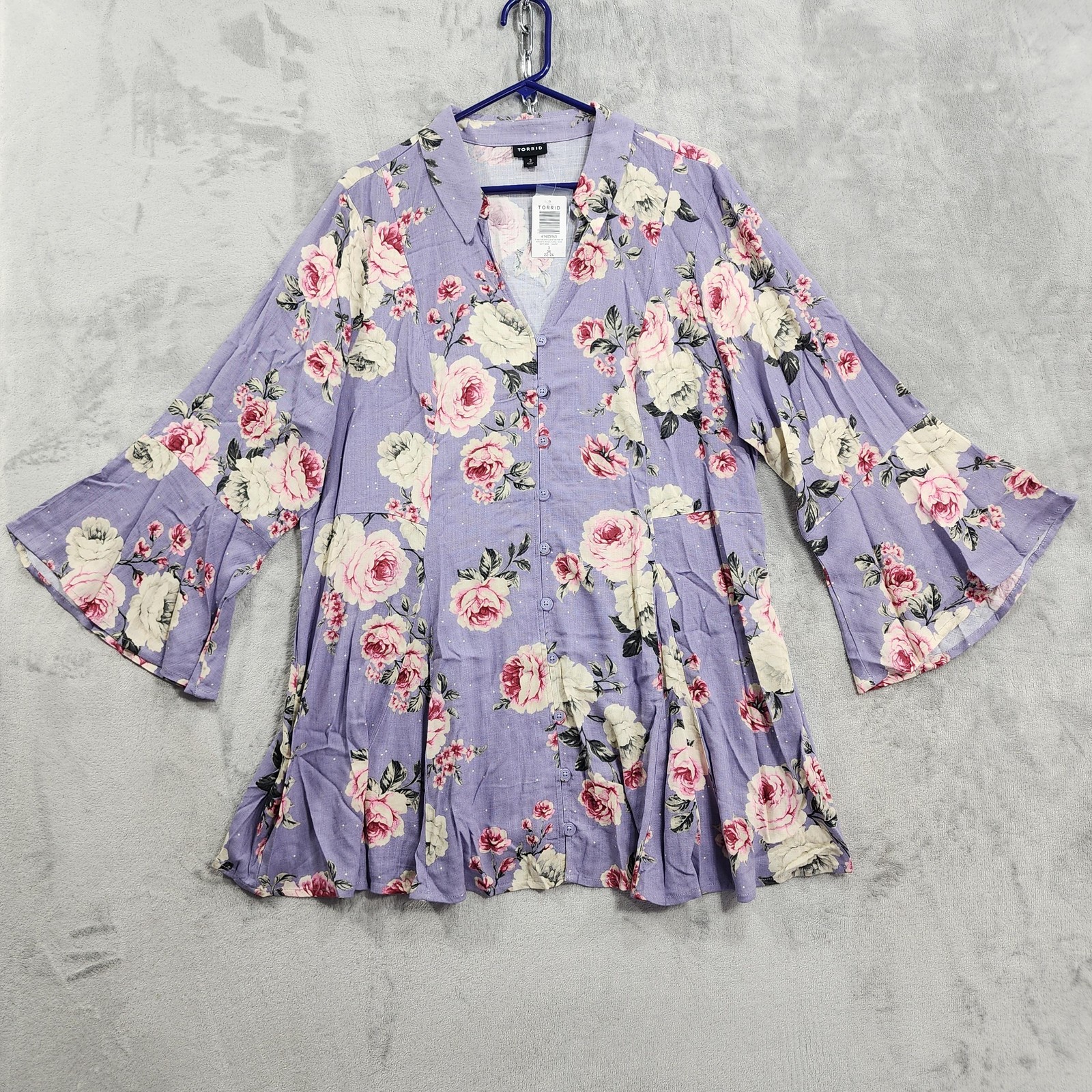 NEW Torrid Top Womens 3/3X Purple Floral Fit and Flare Button Bell Sleeve Tunic