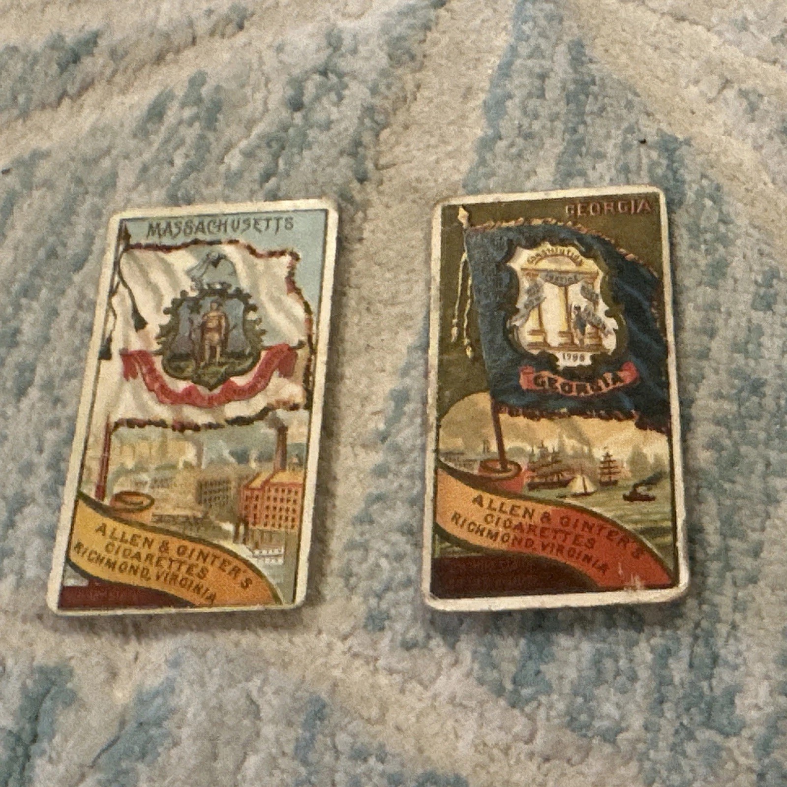 (2) Vintage 1888 Allen & Ginter State Flag Tobacco Cards Massachusetts & Georgia (2) Vintage 1888 Allen & Ginter State Flag Tobacco Cards Massachusetts & Georgia