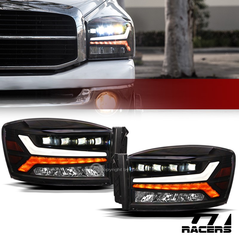 For 2006-2009 Dodge Ram Black Full LED Sequential Tube Quad Projector Headlights