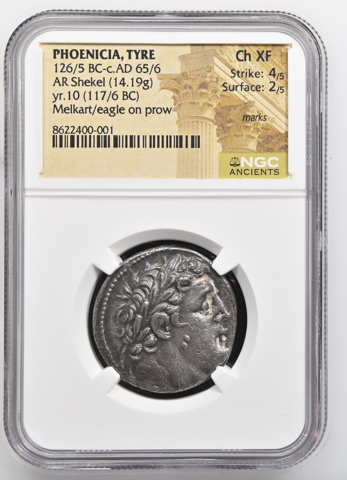 PHOENICIA Tyre Melkart c126/5BC-c65/6AD Shekel NGC Ch. XF 4/5 2/5 Marks Year 10