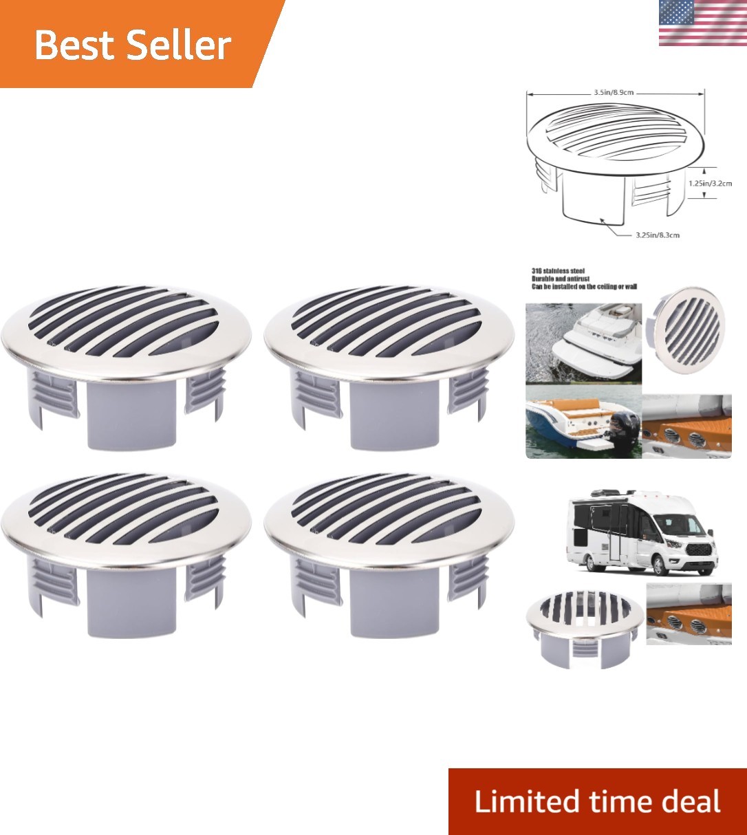 Marine Vent Cover 4pcs 3.5in Stainless Steel for Boats RVs Yachts