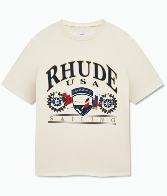 RHUDE Men\'s Beige USA Sailing Icon Graphic Logo Tee Shirt M Crew Neck RHUDE Men\'s Beige USA Sailing Icon Graphic Logo Tee Shirt M Crew Neck