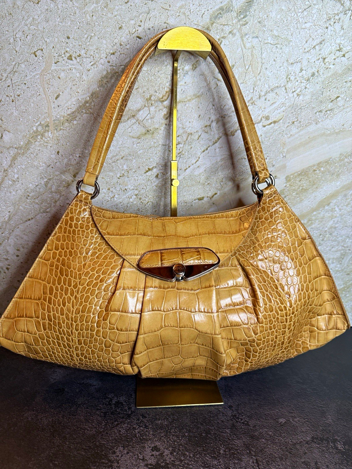 Furla Croc Embossed Genuine Leather Shoulder Bag Camel Tan Y2K Hobo Purse Furla Croc Embossed Genuine Leather Shoulder Bag Camel Tan Y2K Hobo Purse