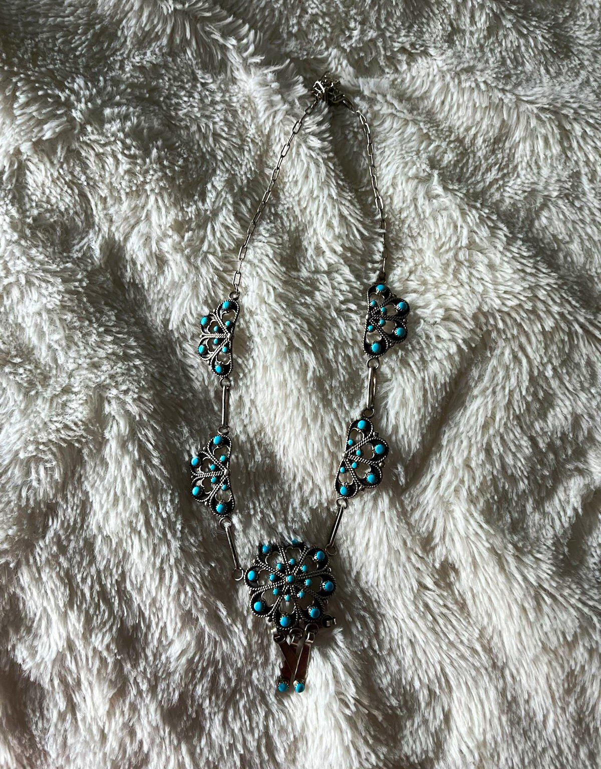 Vintage sterling silver turquoise cluster necklace. Zuni jewelry tradition