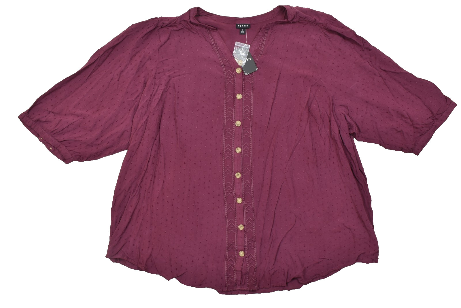 Torrid Women\'s Plus Size 5 Burgundy Rayon Clip Dot Embroidered Button Front Blou Torrid Women\'s Plus Size 5 Burgundy Rayon Clip Dot Embroidered Button Front Blou