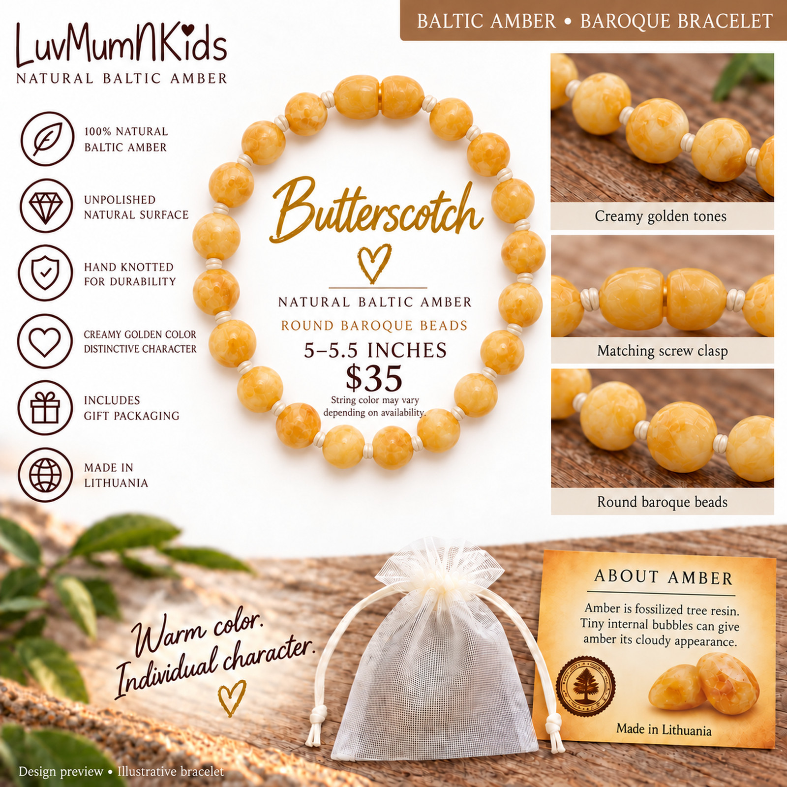 AUTHENTIC BALTIC AMBER BAROQUE BRACELET — RAW BUTTERSCOTCH